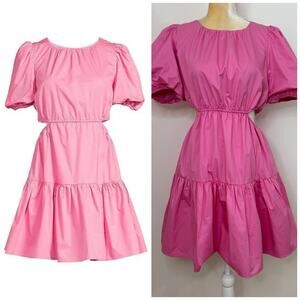 NWT Line & Dot Jenna Cut Out Fit & Flare Dress Size L Pink Puff Sleeve Tiered